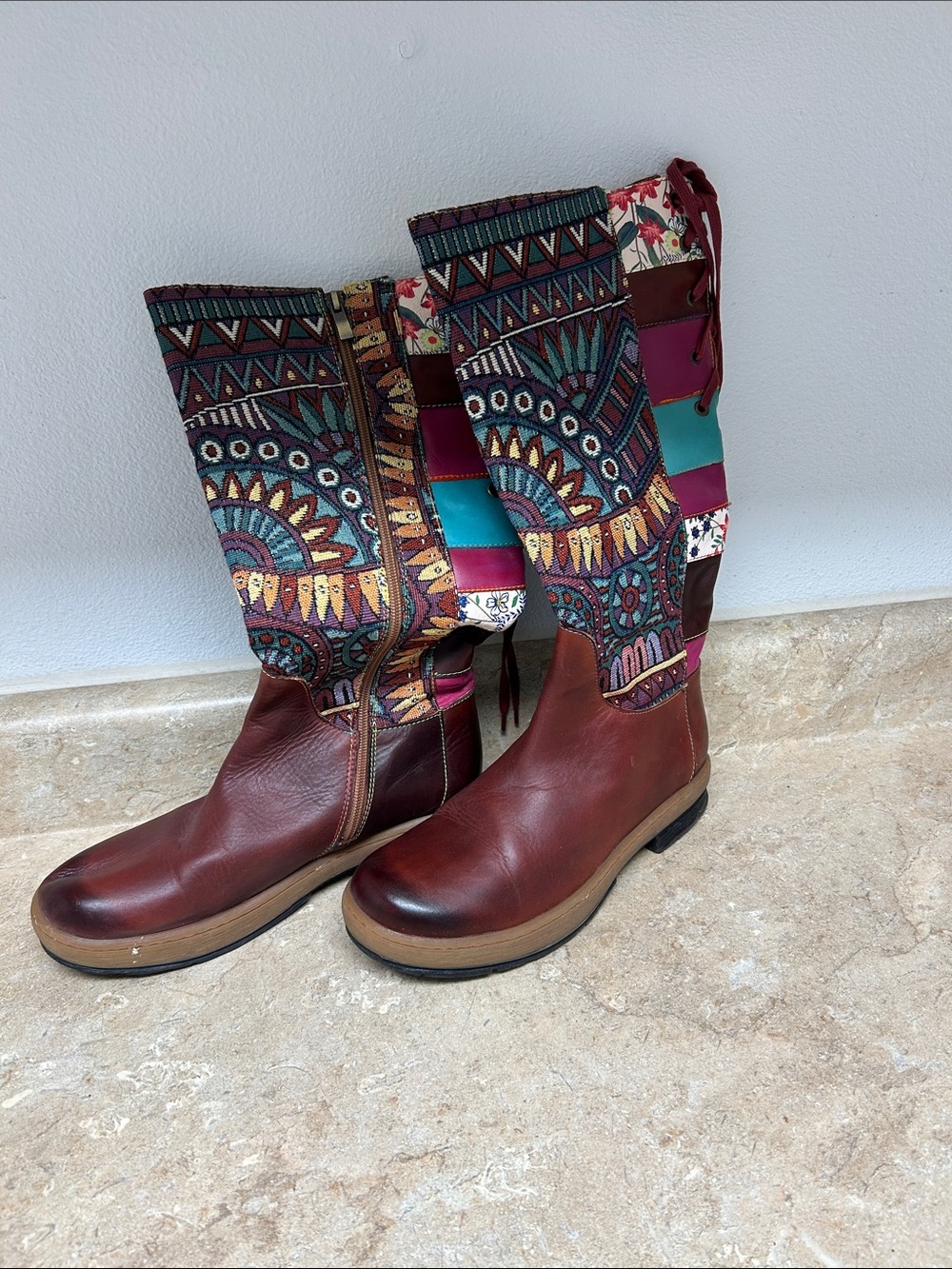 Women's Burgundy Multi-Pattern Heeled Boots